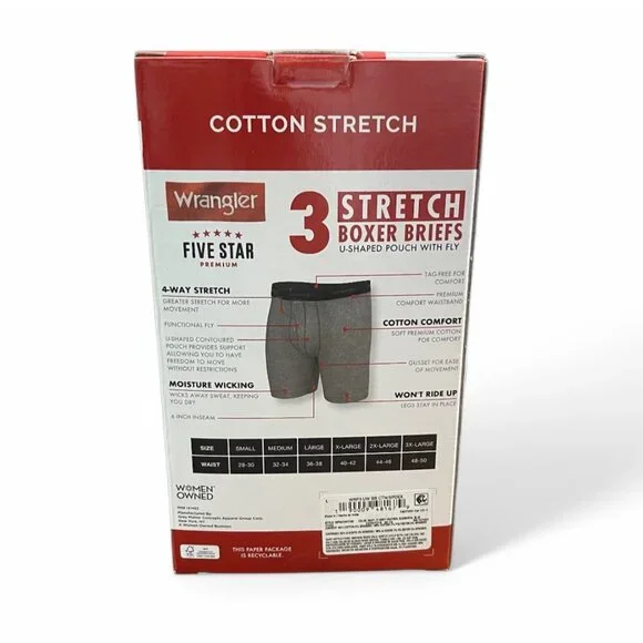 Wrangler Five Star 3-Pack Cotton Stretch Boxer Briefs, Size L, Navy, Gray, Blue - Picture 4 of 6